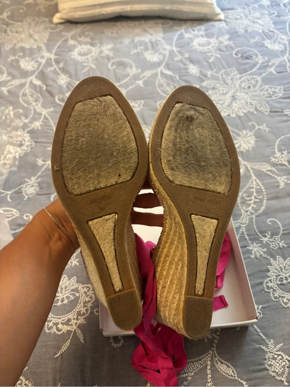 Nine West Pink and Yellow Striped Espadrille Wedges